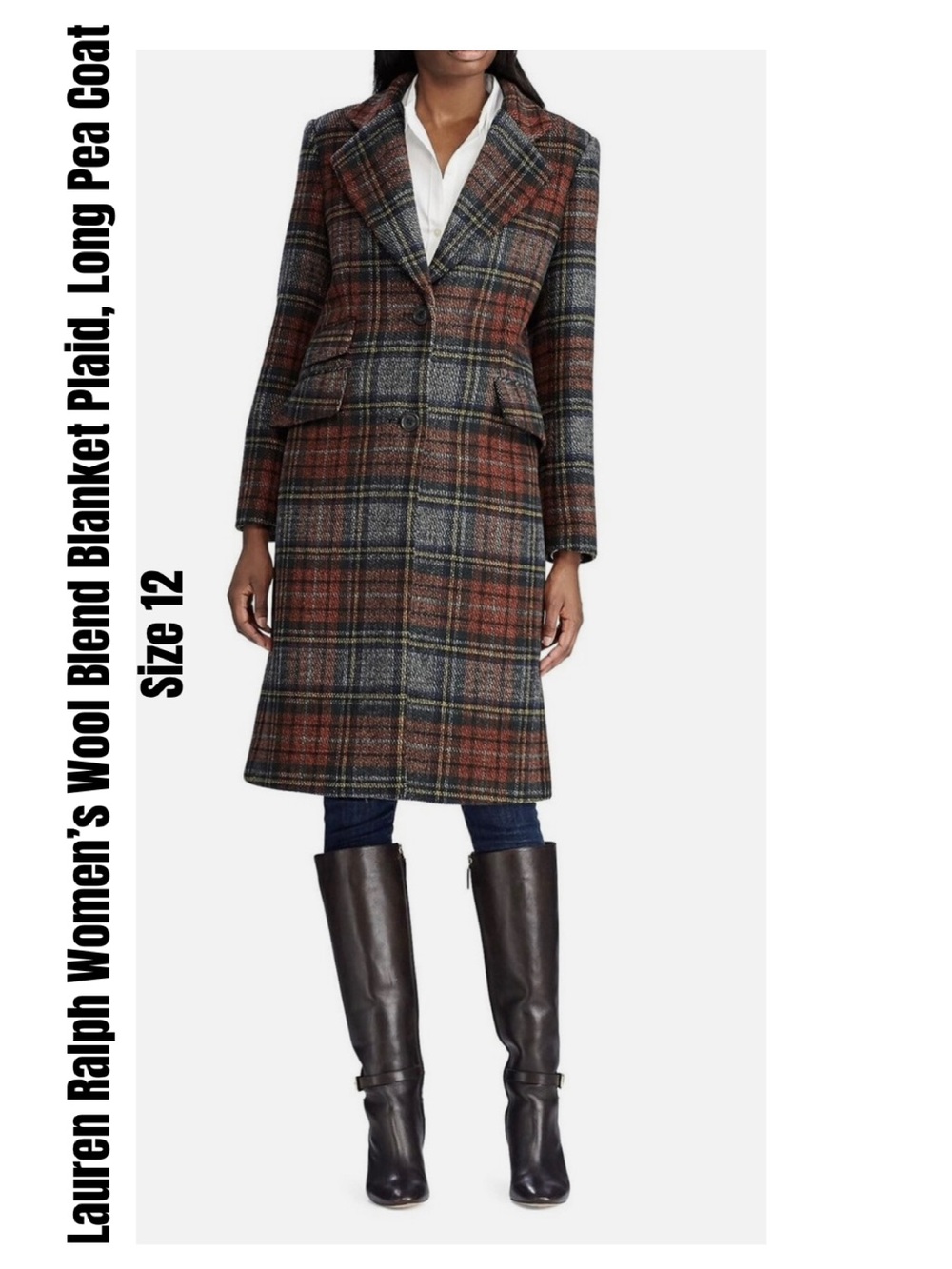 Lauren Ralph Women’s Wool Blend Blanket Plaid, Long Pea Coat Size 12